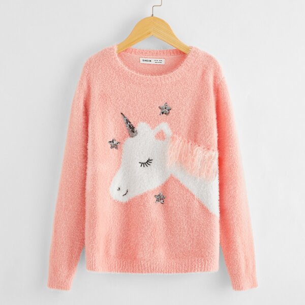 

Girls Contrast Sequin Unicorn Fuzzy Sweater, Coral pink