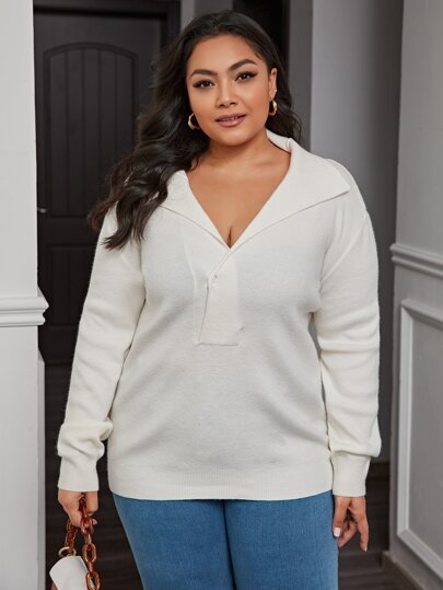 Plus Button Front Half Placket Sweater