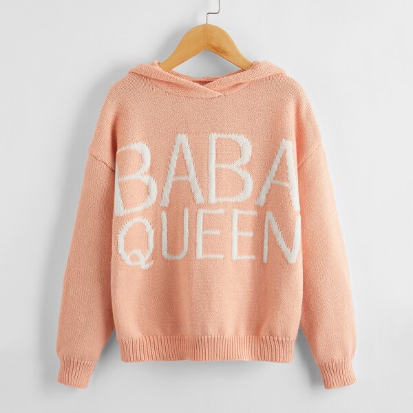 

Girls Drop Shoulder Letter Hooded Sweater, Black coral pink