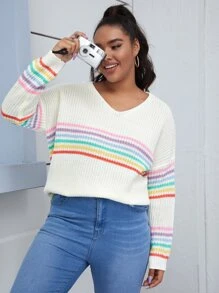 Plus Rainbow Striped Vented Jumper - Beige - View 1