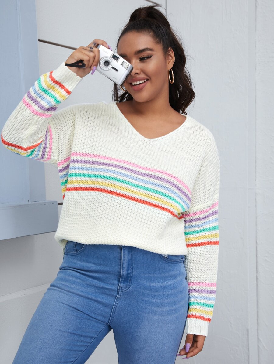 Plus Rainbow Striped Vented Jumper - Beige - View 1