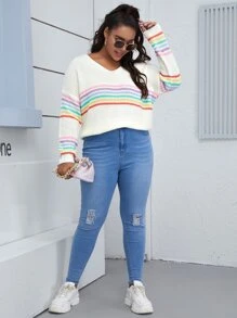 Plus Rainbow Striped Vented Jumper - Beige - View 5