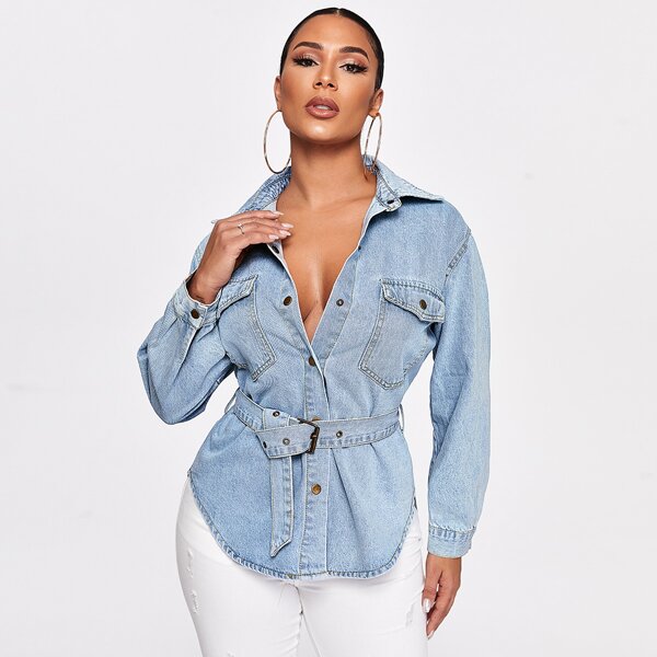 

Curved Hem Button Front Denim Blouse With Belt, Light wash