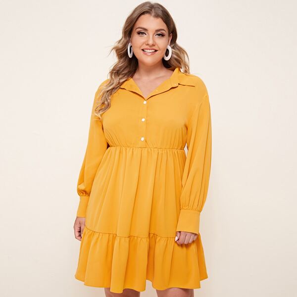 

Plus Half Placket Ruffle Hem Shirt Dress, Yellow