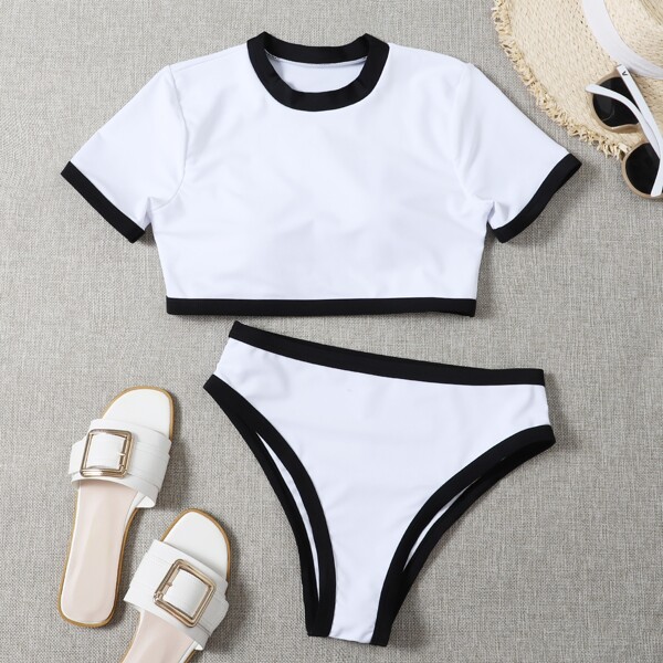 

Contrast Binding High Waisted Bikini Swimsuit, White