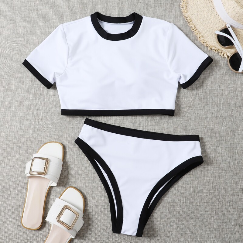 

Contrast Binding High Waisted Bikini Swimsuit, White