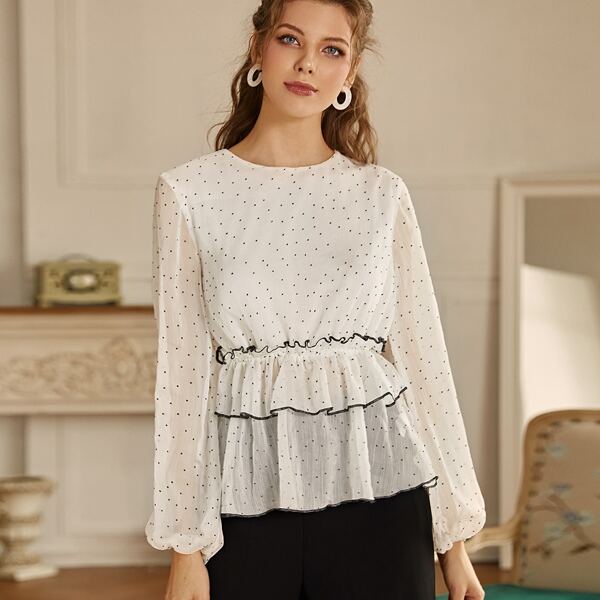

Polka Dot Frill Layered Ruffle Peplum Blouse, White