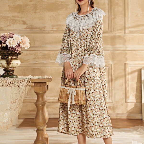 

Lace Panel Floral Print Night Dress, Multicolor