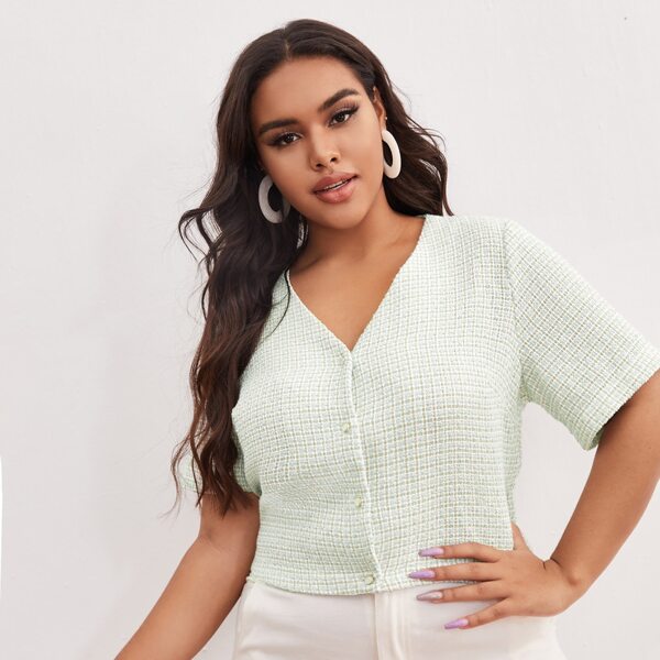 

Plus Buttoned Front Tweed Top, Multicolor