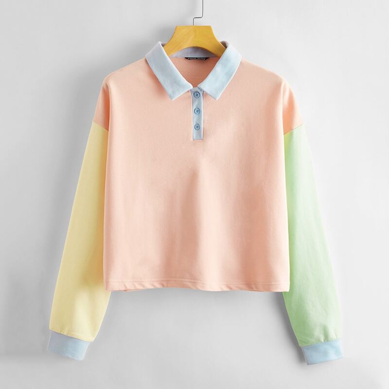

Button Half Placket Color Block Pullover, Multicolor