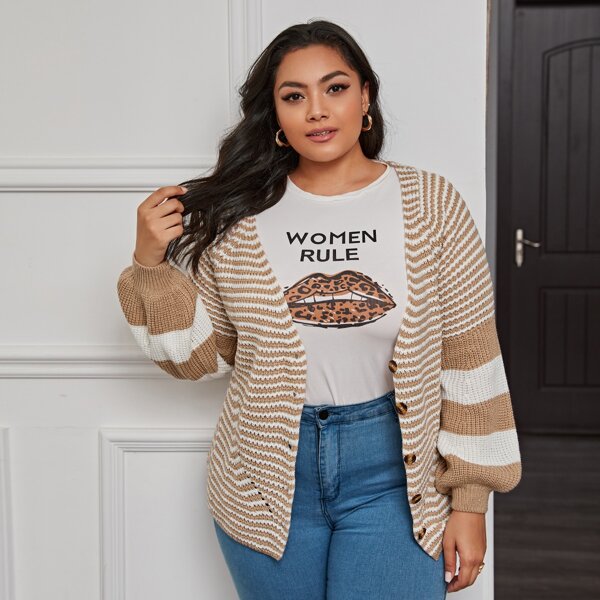 

Plus Button Front Two Tone Striped Cardigan, Multicolor