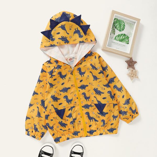 

Toddler Boys Allover Dinosaur Print 3D Spikes Hooded Jacket, Mustard yellow