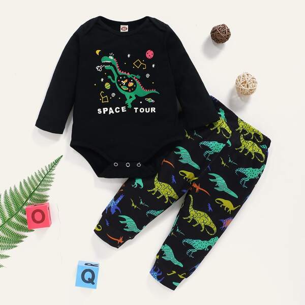 

Baby Boy Dinosaur Print Bodysuit With Pants, Black