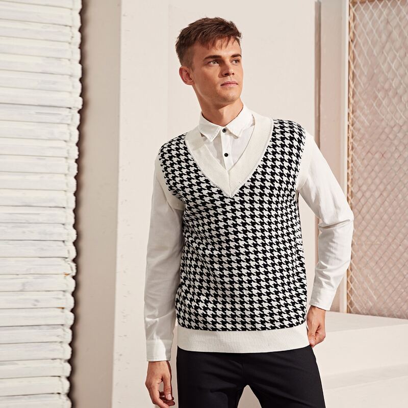 

Guys Houndstooth Knit Top Without Shirt, Black and white