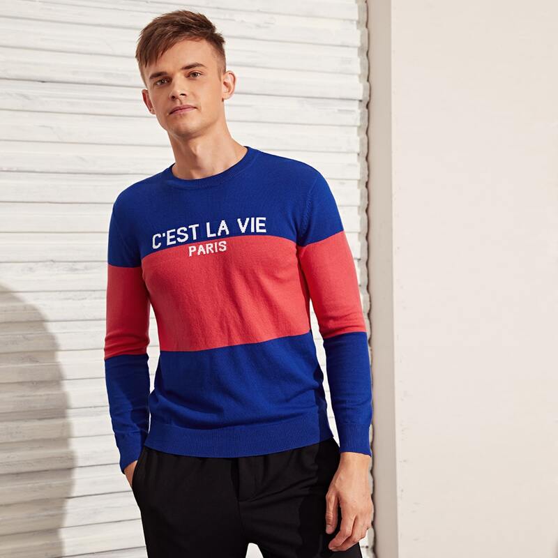 

Men Slogan and Colorblock Sweater, Multicolor