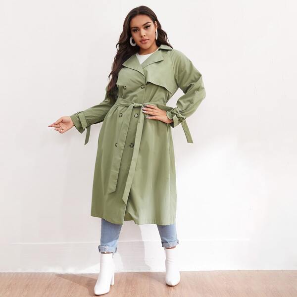 

Plus Notched Collar Double Breasted Knot Cuff Trench Coat, Lime green