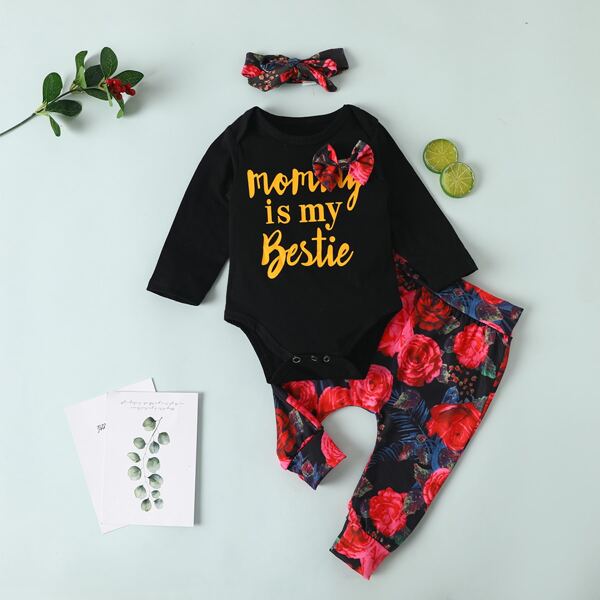 

Baby Girl Bow Front Slogan Graphic Bodysuit & Flower Print Pants & Headband, Multicolor
