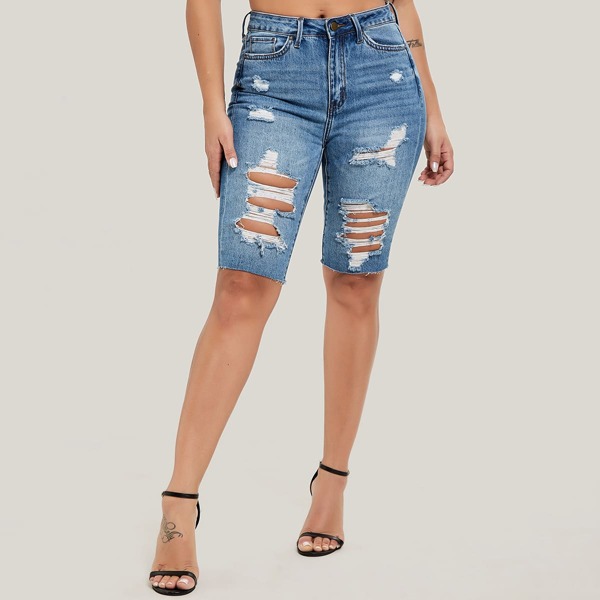 

Slant Pocket Ripped Denim Shorts, Medium wash