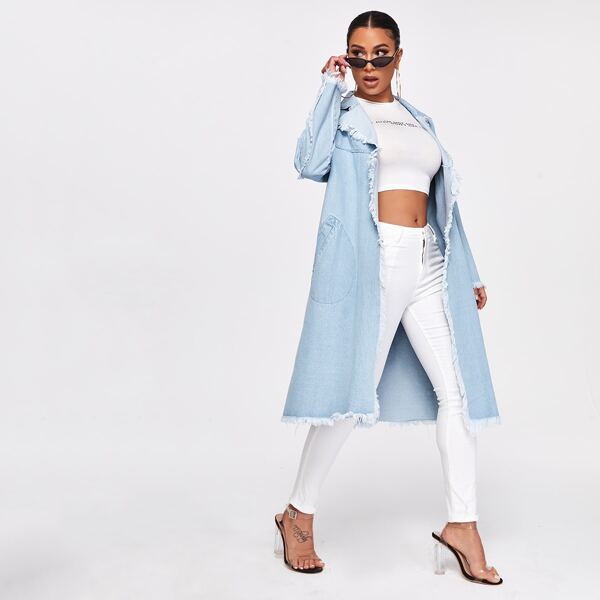 

Raw Hem Open Front Slant Pocket Denim Coat, Light wash