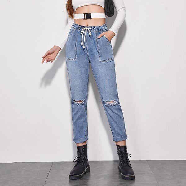 

Ripped Drawstring Waist Slant Pocket Jeans, Light wash