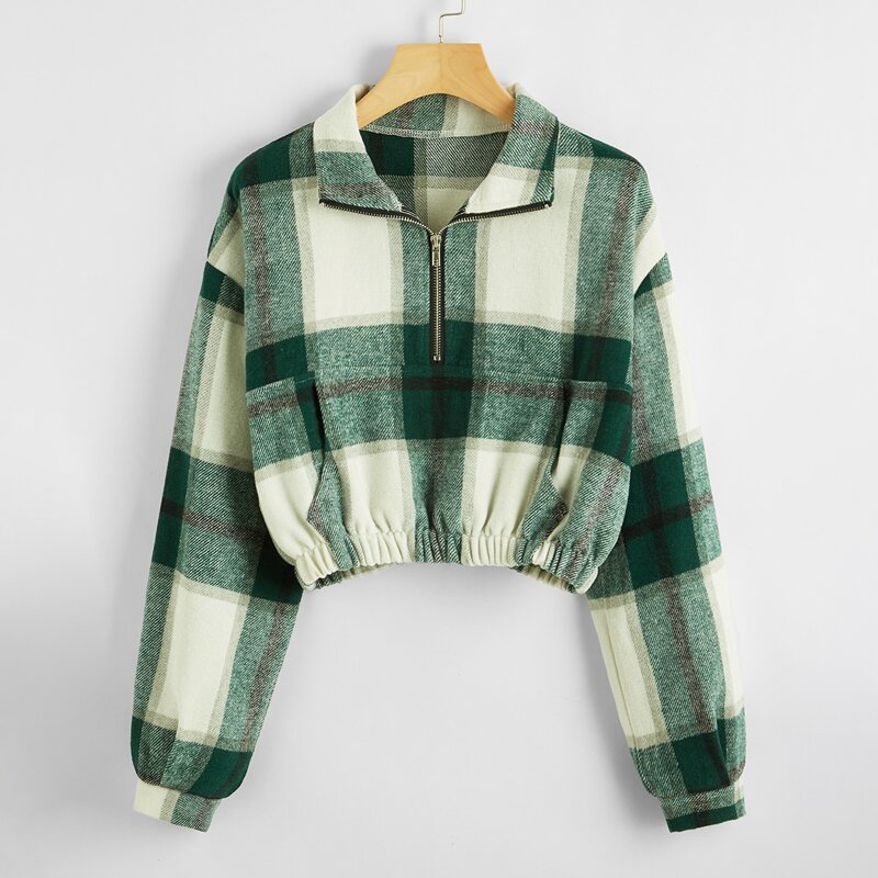 

Plaid Half Placket Drop Shoulder Jacket, Multicolor
