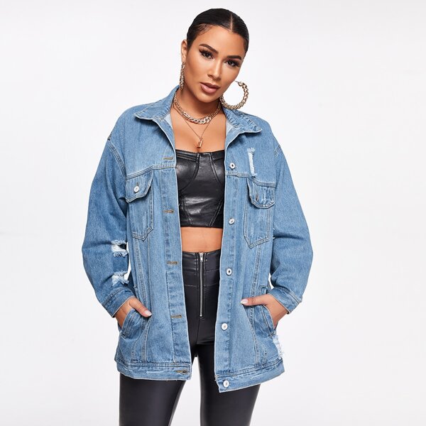 

Ripped Single Breasted Flap Pocket Front Denim Jacket, Light wash