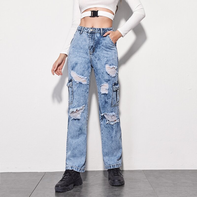 

Flap Pocket Ripped Straight Leg Jeans, Light wash
