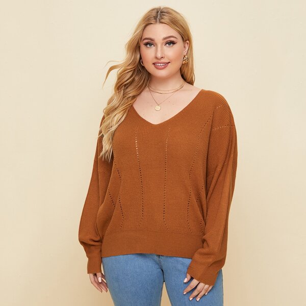 

Plus Drop Shoulder Pointelle Knit Sweater, Brown