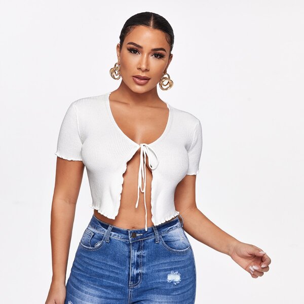 

Tie Front Lettuce Trim Crop Cardigan, White
