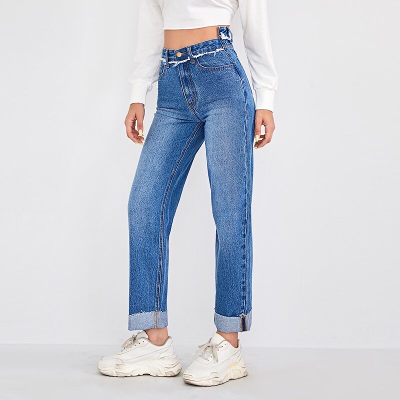 

Button Waist Roll Up Hem Jeans, Medium wash