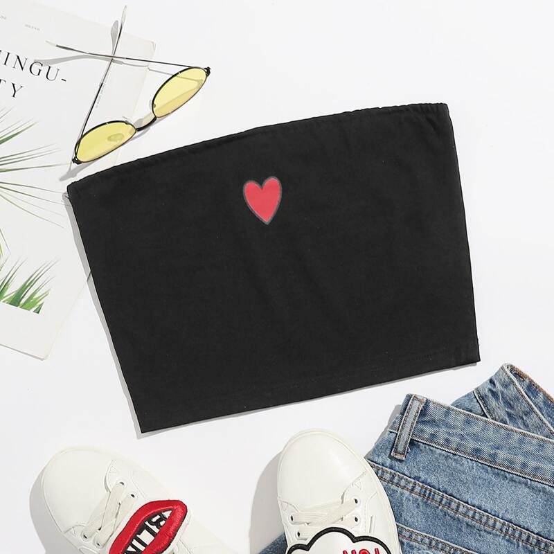 

Heart Print Crop Tube Top, Black