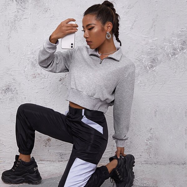 

Wide Hem Zip Half Placket Sweatshirt, Light grey