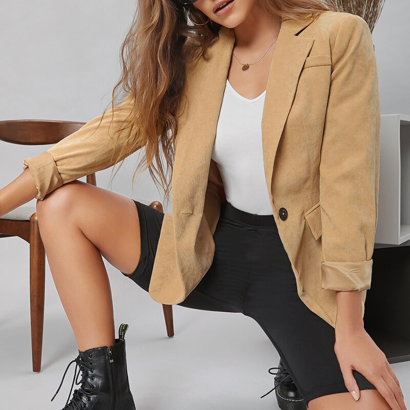 

Notch Collar Flap Detail Blazer, Khaki