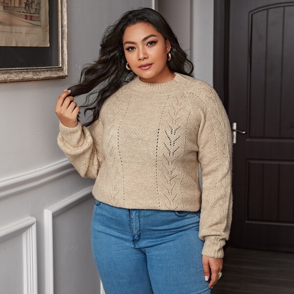 

Plus Pointelle Knit Solid Sweater, Khaki