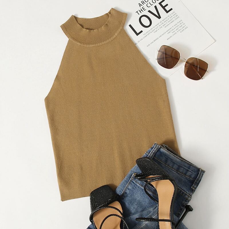

Solid Halter Knit Top, Camel