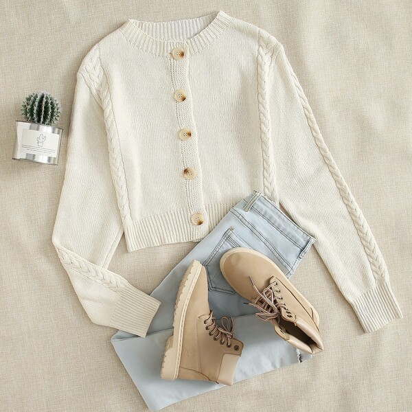 

Cable Knit Panel Button Up Cardigan, Beige