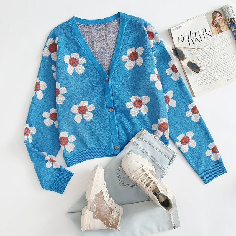 

Button Front Floral Cardigan, Blue