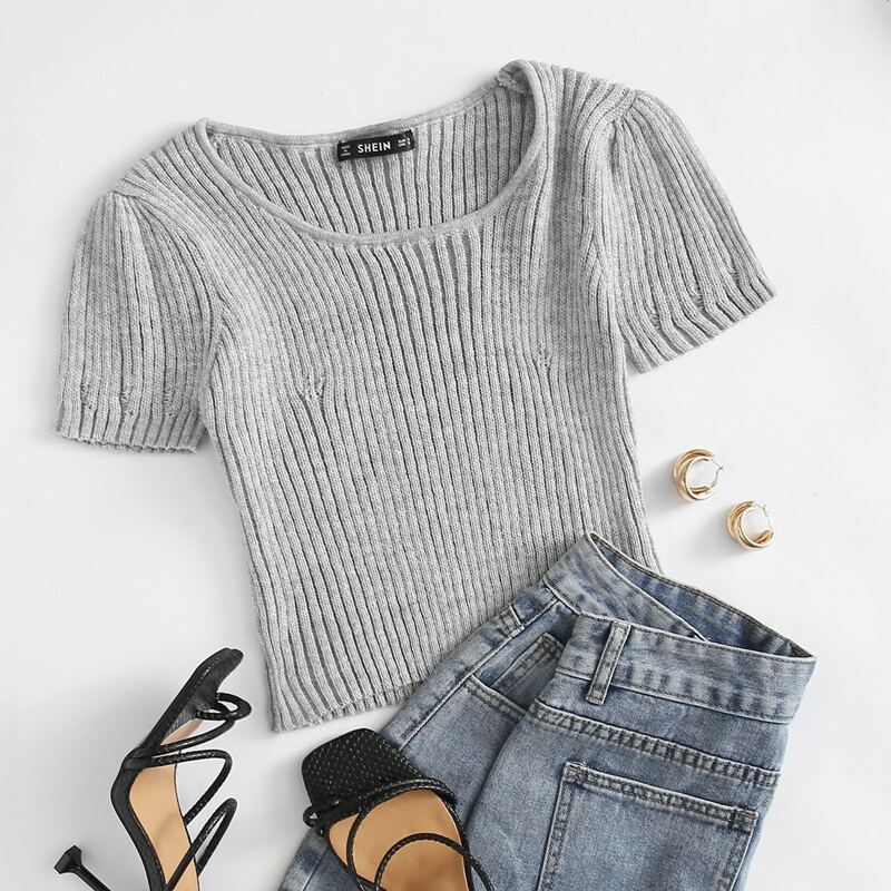 

Ripped Detail Rib-knit Top, Light grey