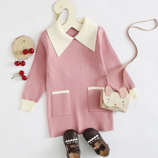 

Toddler Girls Contrast Collar Dual Pocket Sweater Dress, Dusty pink
