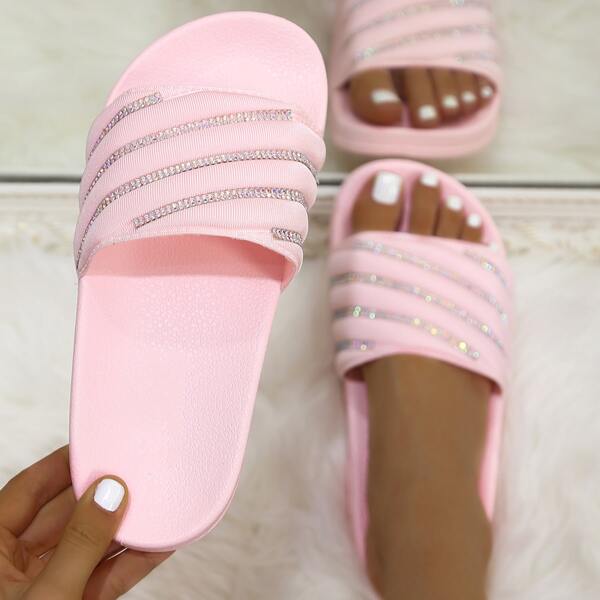 

Rhinestone Decor Wide Fit Slides, Pink