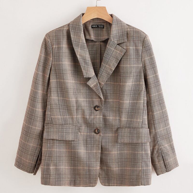 

Lapel Neck Plaid Blazer, Mocha brown