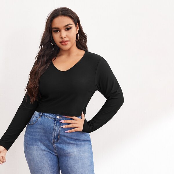 

Plus V Neck Long Sleeve Crop Tee, Black