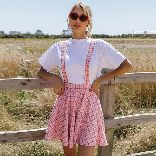 

Tartan Pinafore Skirt, Baby pink