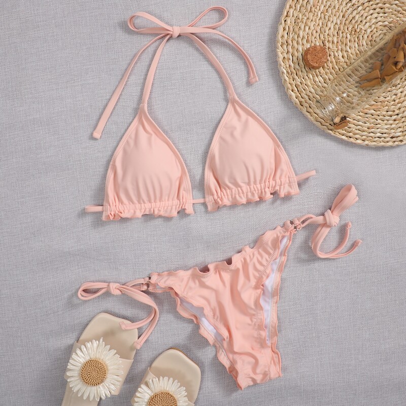 

Frill Trim Triangle Tie Side Bikini Swimsuit, Pastel baby pink