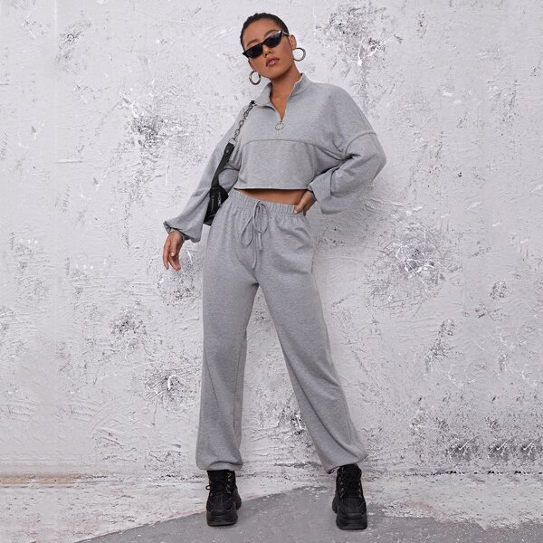 

Drop Shoulder Zipper Half Placket Pullover & Sweatpants Set, Grey