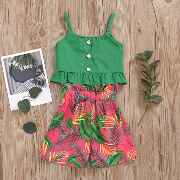 

Toddler Girls Ruffle Hem Cami Top & Tropical Belted Shorts, Multicolor