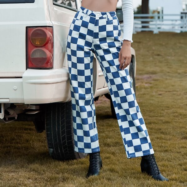 

High Waist Checkered Print Jeans, Blue and white