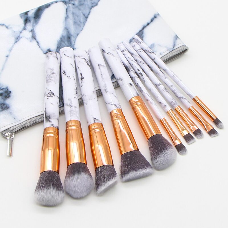 

10pcs Marble Pattern Handle Makeup Brush With Makeup Bag, Multicolor