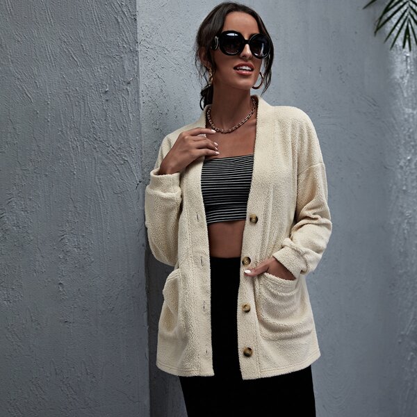 

Button Front Drop Shoulder Teddy Coat, Khaki