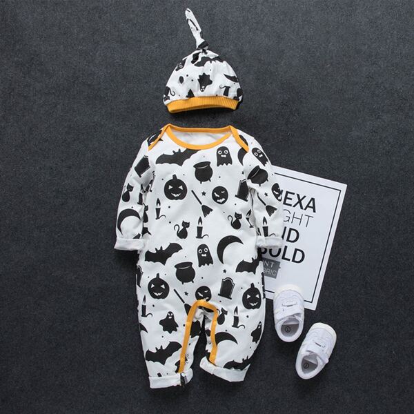

Baby Boy Contrast Binding Halloween Print Jumpsuit & Hat, Black and white